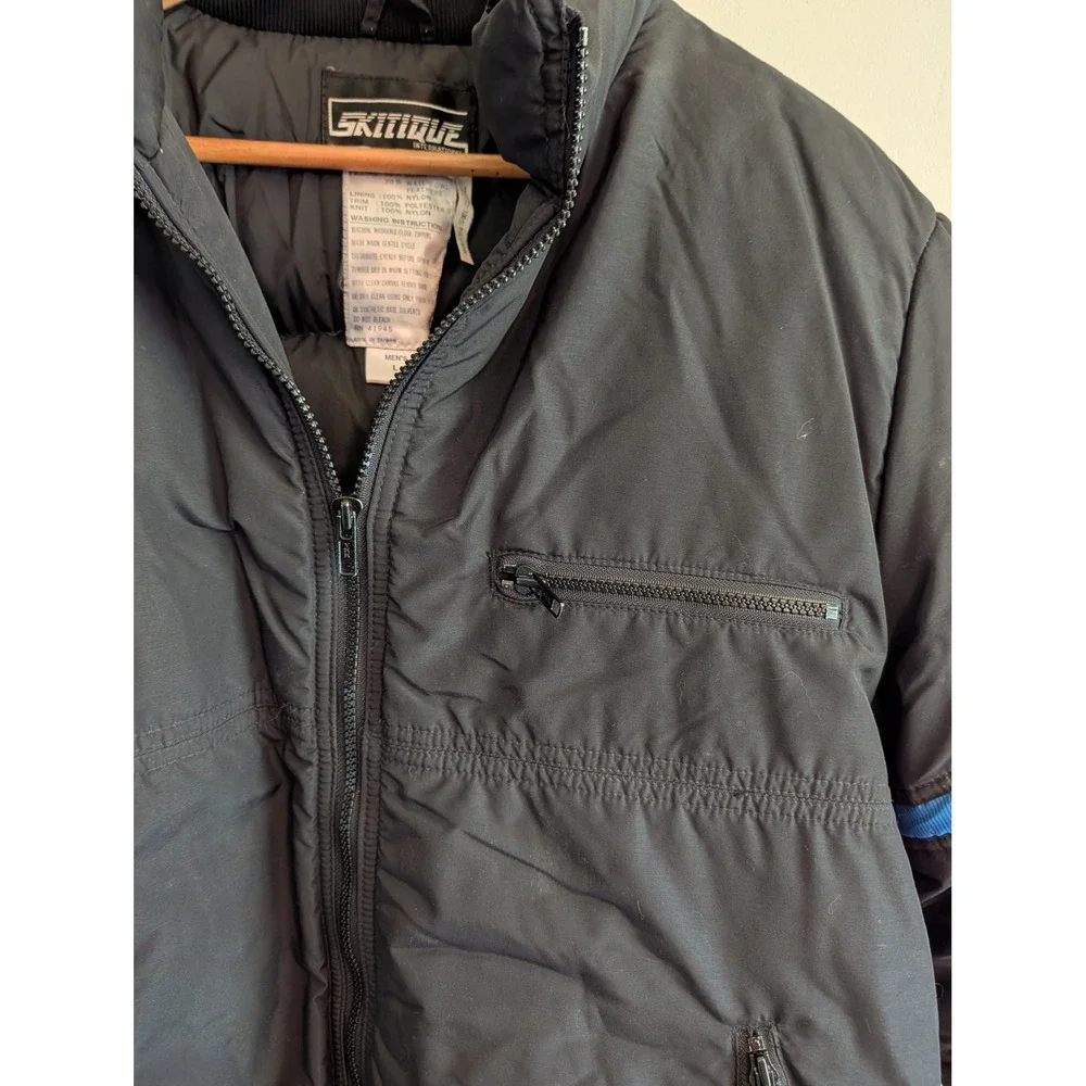 Vtg 70s/80s Skitique International Down Snow Jacket Black Blue Stripe Mens L Ski